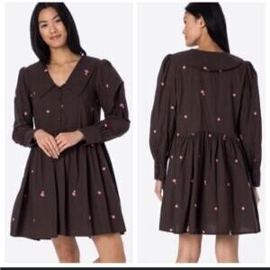 ICHI Brown Floral Embroidered Collared Button Front Mini Dress Size 36‎